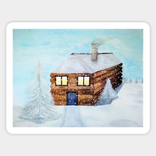 Snowy Log Cabin Sticker